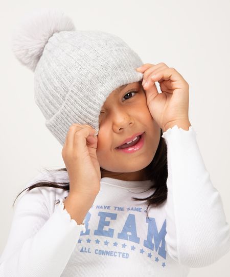 gorro de tricot infantil com pompom cinza UNICO