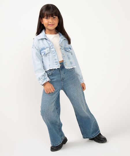 calça wide leg jeans infantil com brilho azul 4