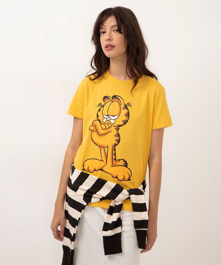 camiseta de algodão manga curta garfield amarelo PP
