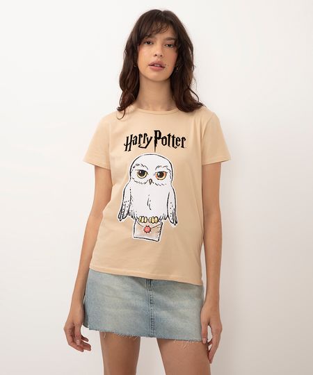 camiseta de algodão harry potter flocada manga curta bege PP