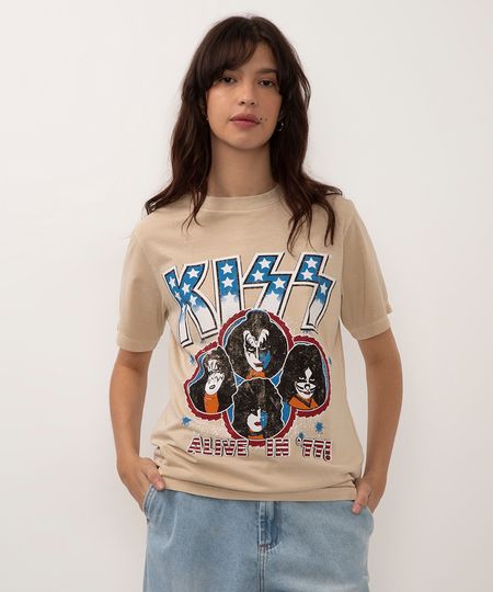 camiseta de algodão manga curta kiss bege PP camiseta de algodão manga curta kiss bege PP