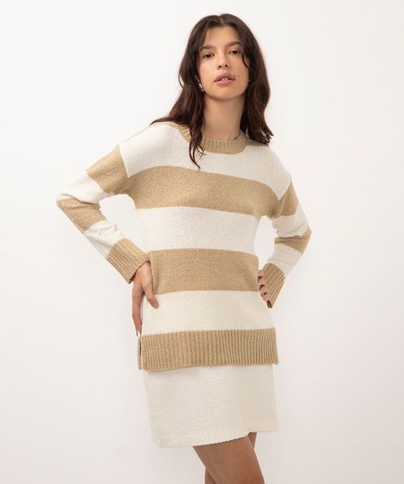 suéter de chenille com listras e fenda bege M suéter de chenille com listras e fenda bege M