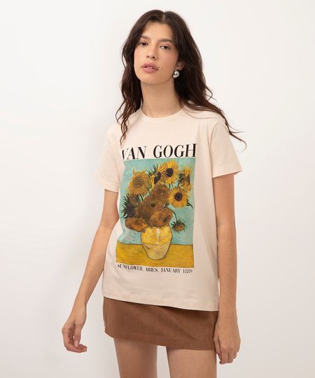 camiseta de algodão van gogh girassol bege P camiseta de algodão van gogh girassol bege P