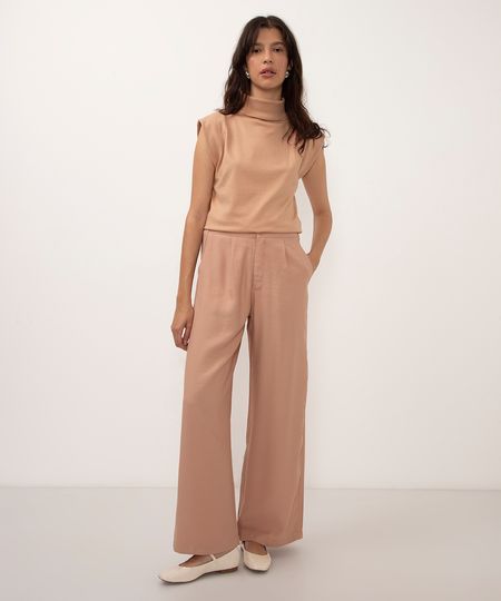 calça wide leg de viscose cintura alta com bolsos rosa 34