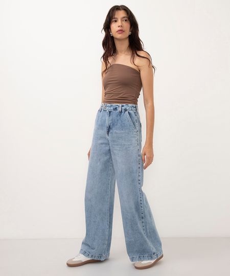 calça jeans wide leg cintura super alta azul 34
