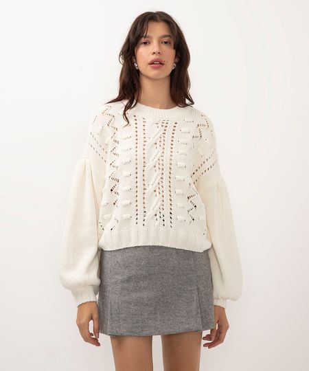suéter de tricot rendado manga bufante off white G suéter de tricot rendado manga bufante off white G
