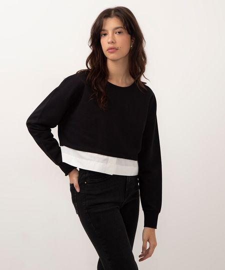 blusão cropped de moletom com sobreposição preto PP blusão cropped de moletom com sobreposição preto PP