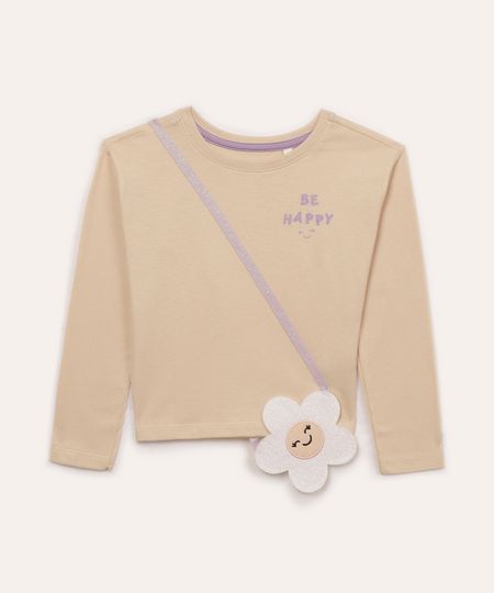 blusa de algodão infantil be happy com bolsinha bege 3