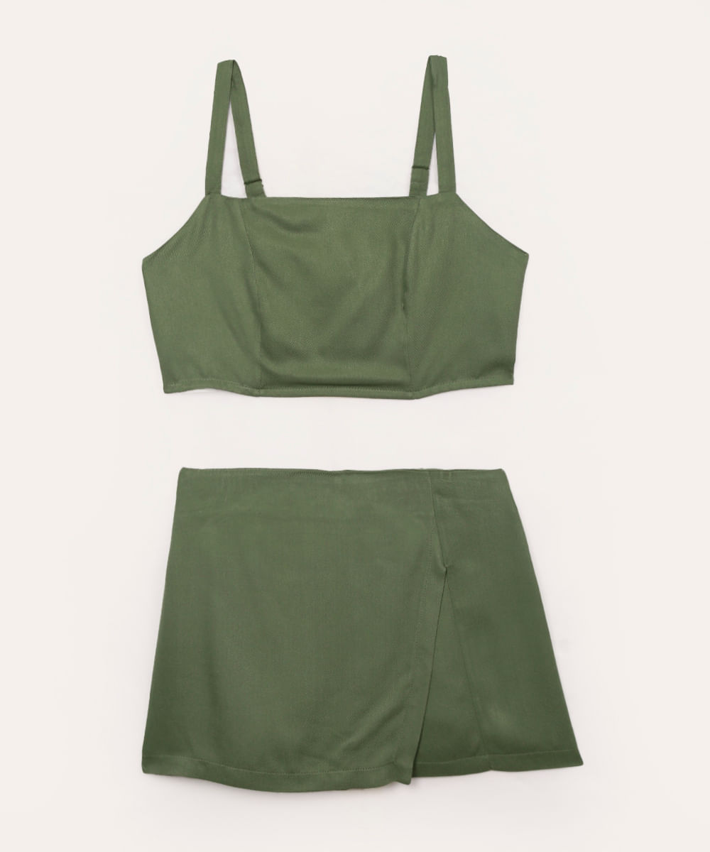 conjunto de viscose juvenil cropped e short saia verde