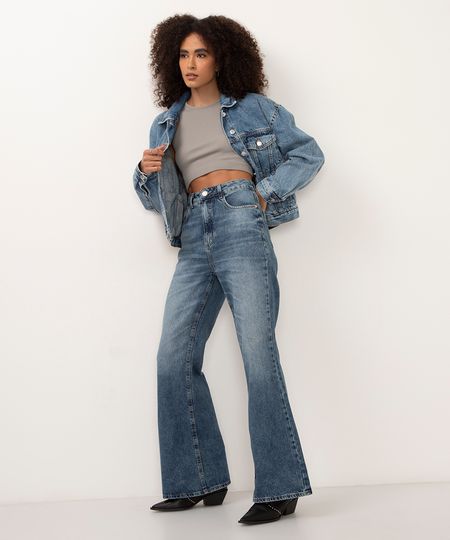 calça jeans flare cintura super alta azul escuro 36