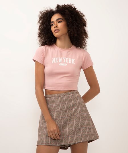 camiseta cropped de algodão new york rosa PP