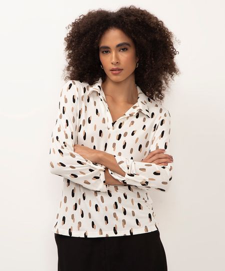 camisa de viscose manga longa com martingale poá off white PP camisa de viscose manga longa com martingale poá off white PP