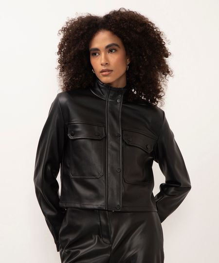 jaqueta de poliuretano com bolsos preto PP