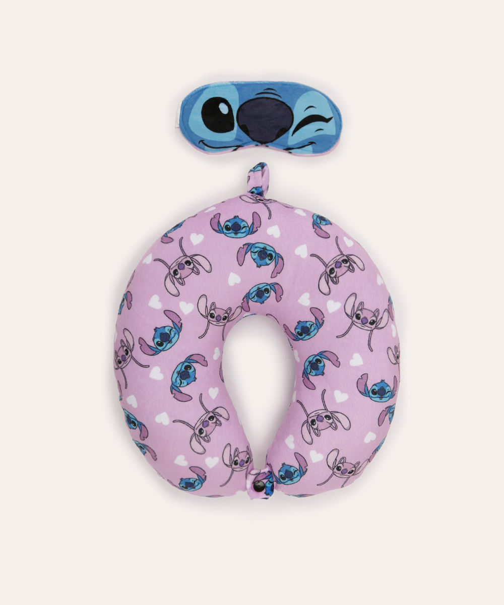 apoio de pescoço com máscara de dormir stitch e angel rosa
