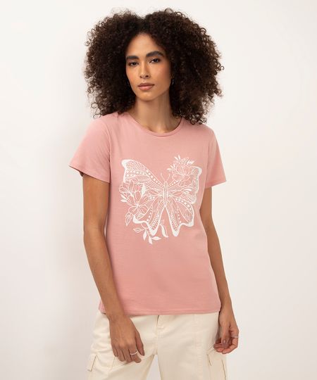 camiseta de algodão manga curta borboleta rosa PP