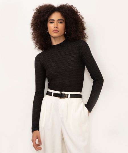 blusa com textura manga longa preto M blusa com textura manga longa preto M