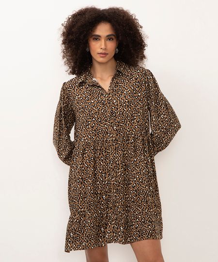 vestido de viscose chemise curto animal print marrom PP vestido de viscose chemise curto animal print marrom PP