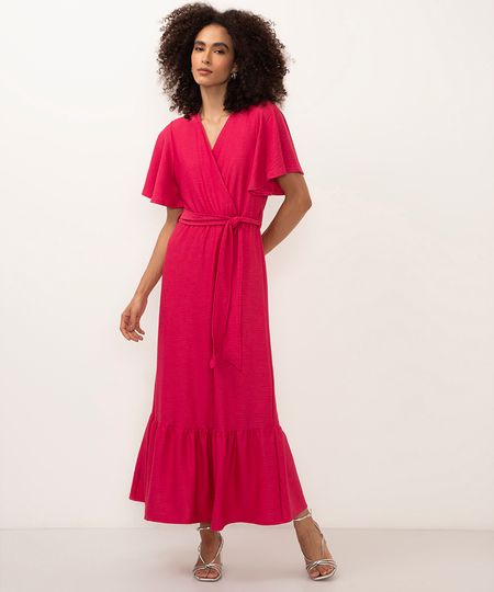 vestido midi manga curta com faixa rosa PP