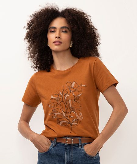 camiseta de algodão floral marrom GG