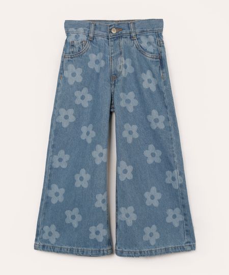 calça infantil jeans wide leg floral azul 1