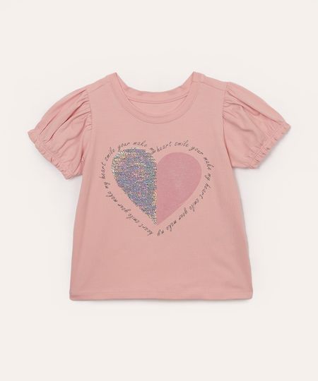 blusa de algodão infantil coração e paetê dupla face rosa 12