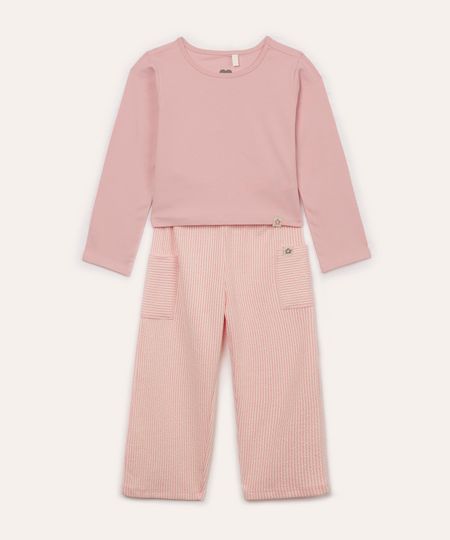 conjunto de algodão infantil blusa e calça texturizada rosa 1