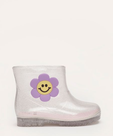 galocha infantil com brilho cano curto flor transparente 19-20 galocha infantil com brilho cano curto flor transparente 19-20