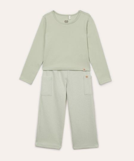 conjunto de algodão infantil blusa e calça texturizada verde claro 1
