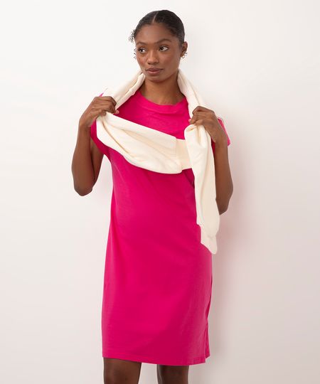 vestido curto de algodão básico manga curta rosa P