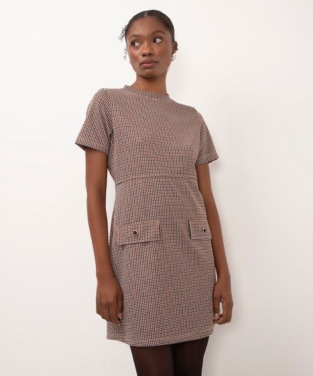vestido curto com lapela xadrez marrom P vestido curto com lapela xadrez marrom P