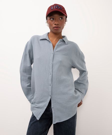 camisa de algodão manga longa texturizada azul PP