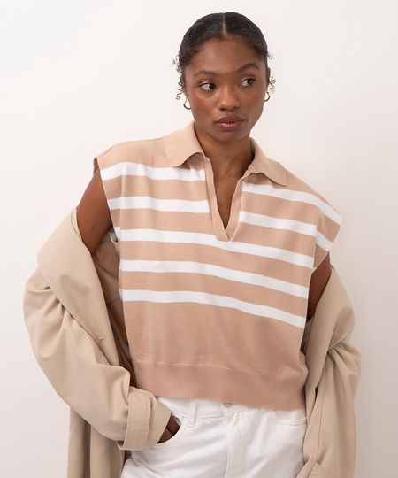 blusa de tricot cropped gola clássica listrado marrom PP