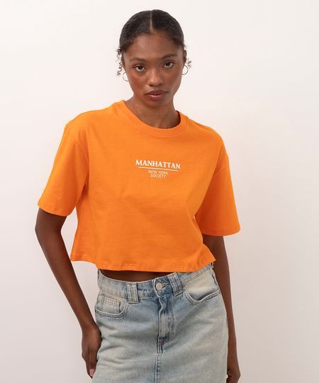 camiseta de algodão cropped manhattan laranja PP