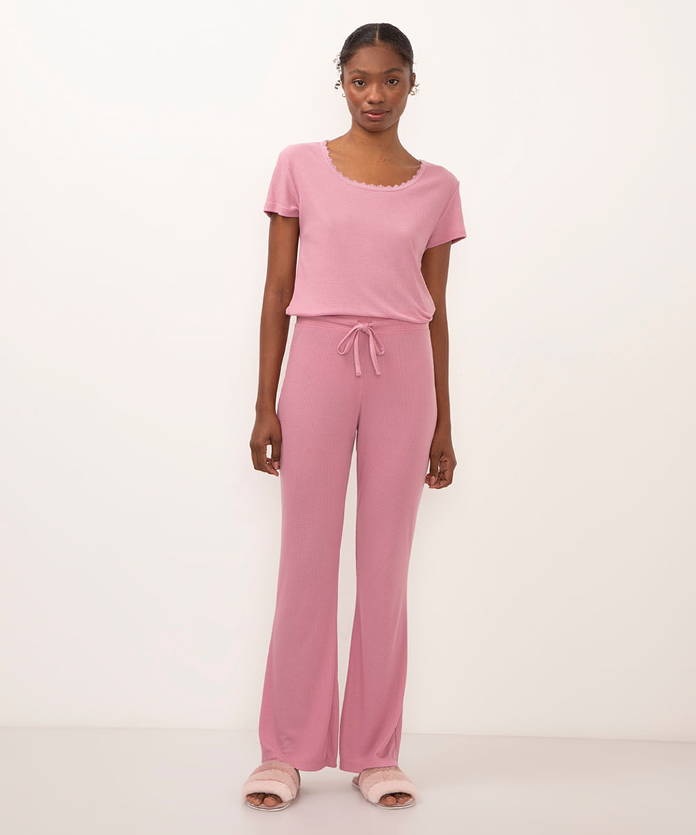 calça de pijama flare rosa