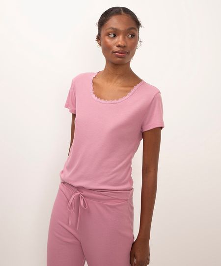 camiseta de pijama manga curta canelado com renda rosa PP
