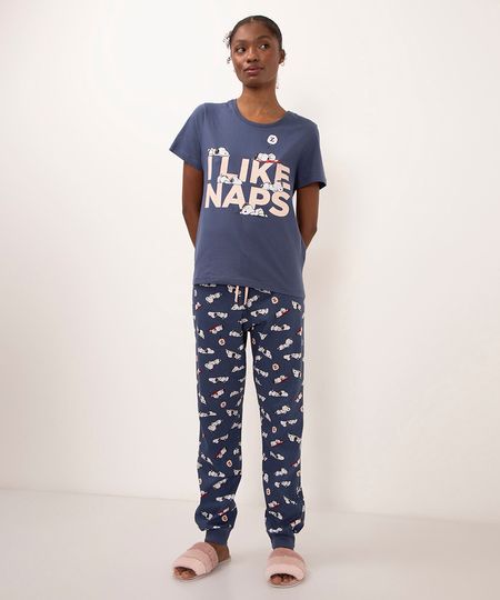 pijama de algodão com calça jogger snoopy azul marinho PP