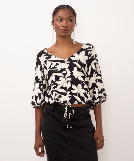 blusa de viscose com amarração floral preto PP