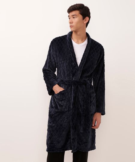 roupão de fleece manga longa texturizado azul marinho GG