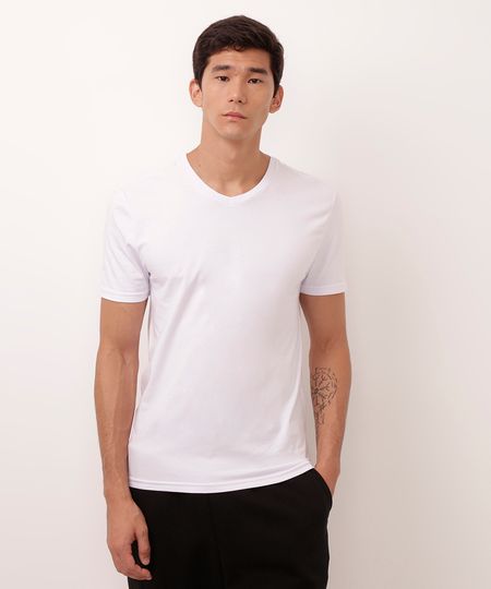 camiseta de algodão manga curta gola V slim branco P
