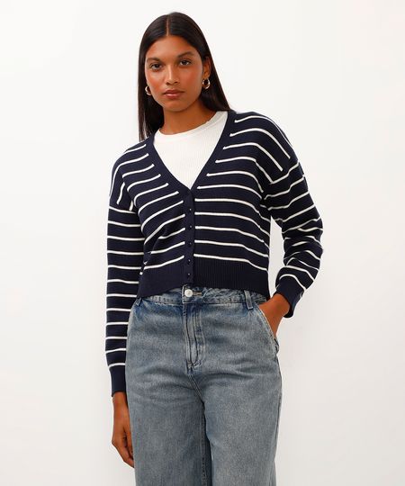 cardigan de tricot cropped listrado azul marinho PP