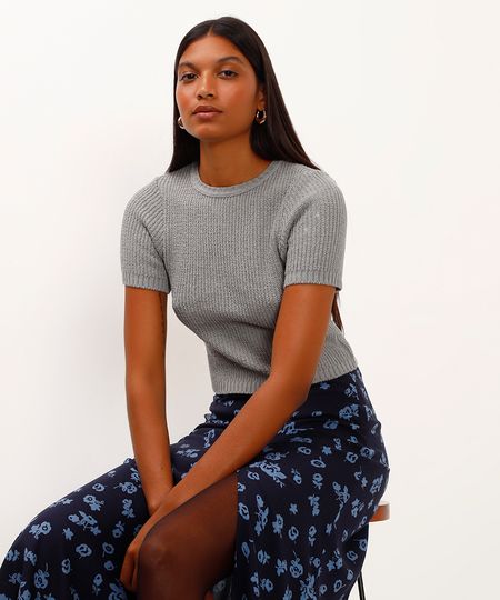 cropped de tricot trançado cinza P cropped de tricot trançado cinza P