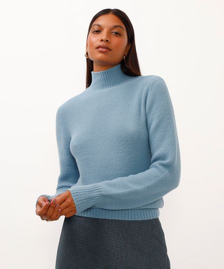 suéter de tricot gola alta azul M