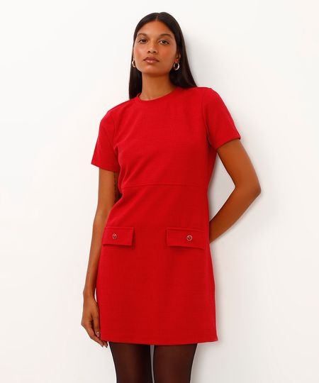 vestido curto texturizado manga curta vermelho P