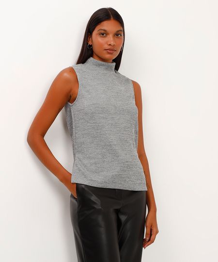 regata de tricot gola alta mesclada cinza PP regata de tricot gola alta mesclada cinza PP