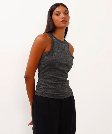 regata de tricot halterneck lurex preto P regata de tricot halterneck lurex preto P