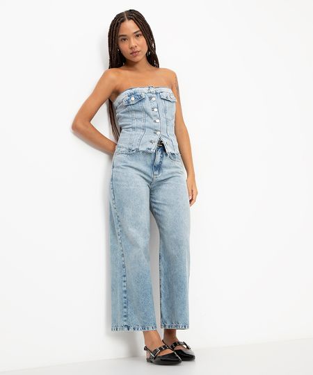 calça jeans wide leg cropped cintura alta - jeans medio 34