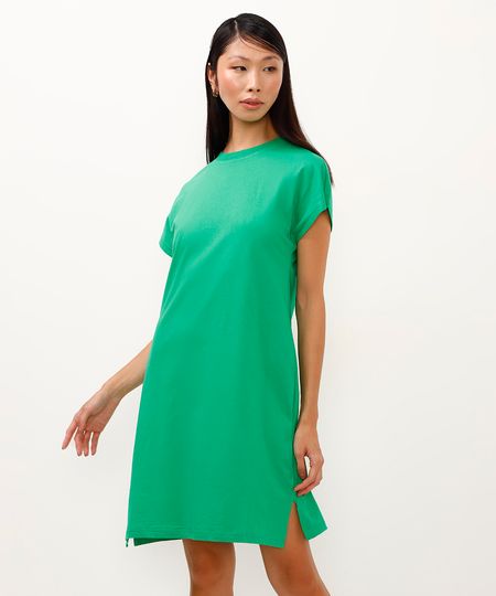 vestido curto de algodão básico manga curta verde PP