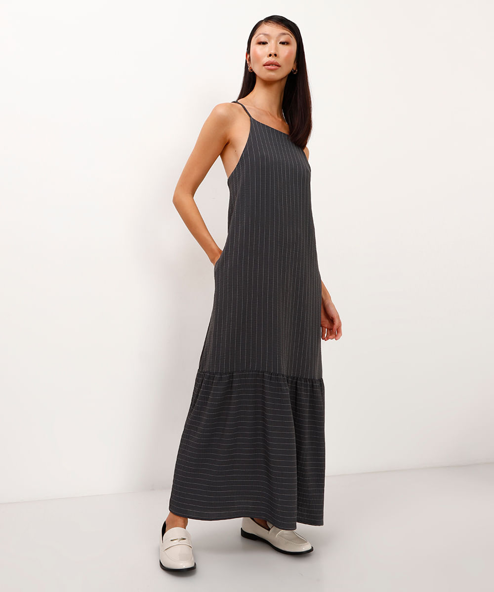 vestido midi halterneck listrado cinza