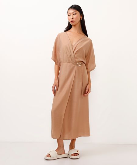 vestido de viscose midi transpassado bege GG vestido de viscose midi transpassado bege GG