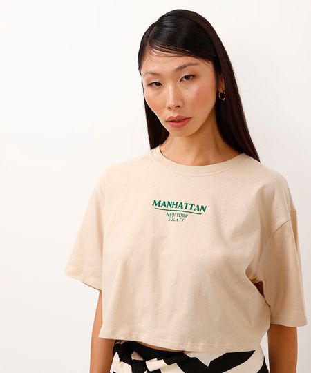 camiseta de algodão cropped manhattan bege PP